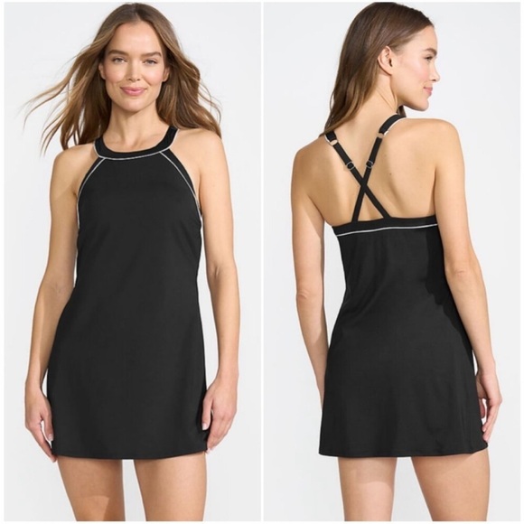 Lands' End NWOT Black and White High Neck One Piece Swim Dress Swimsuit Size 16 - Picture 1 of 12